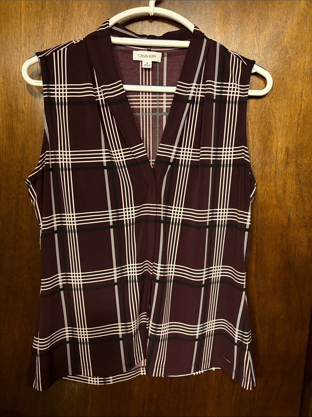 Calvin Klein Burgundy Plaid Sleeveless V-Neck Blouse
